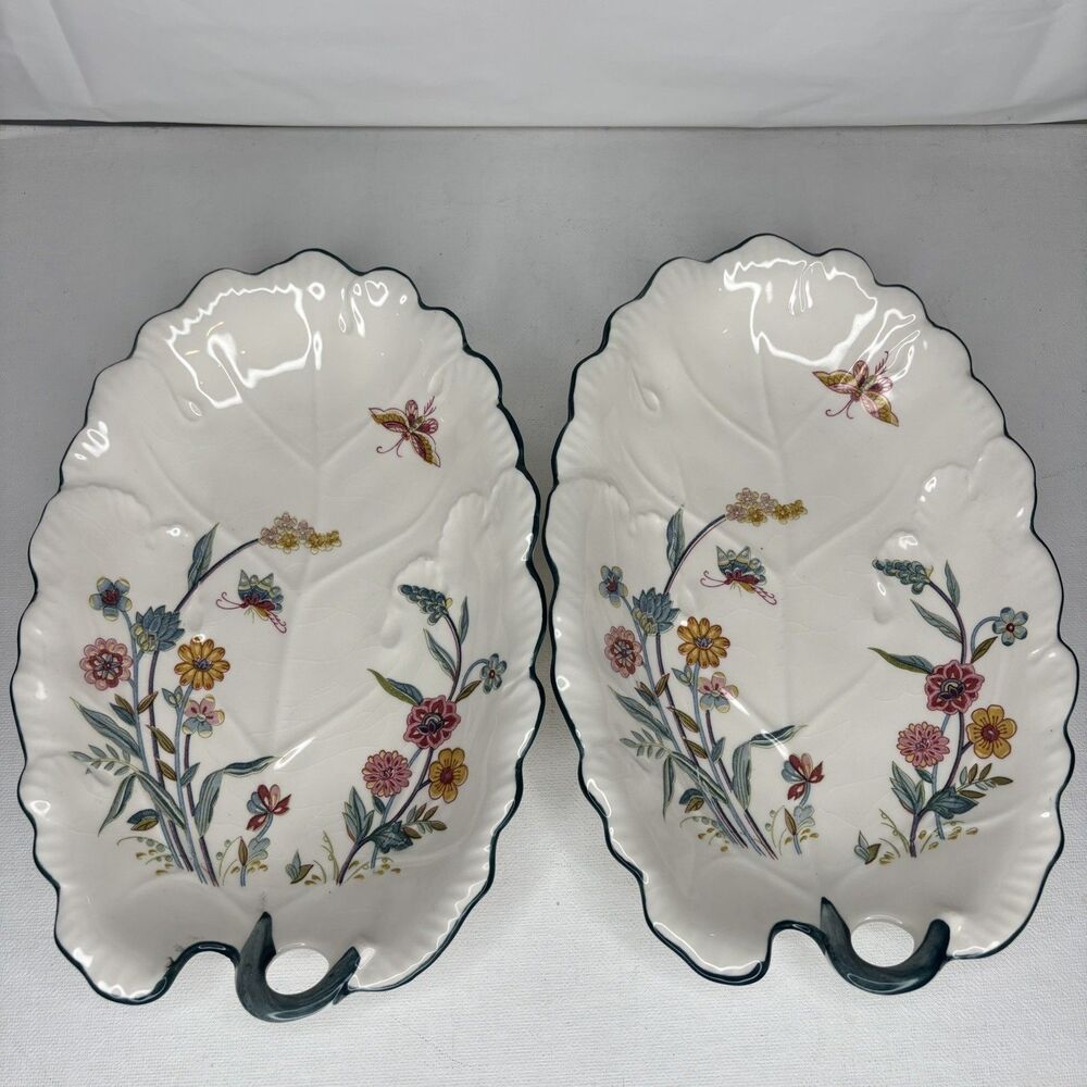 2 Vintage Jardin by Andrea Sadek Floral Leaf Dish 10" by 6.5"